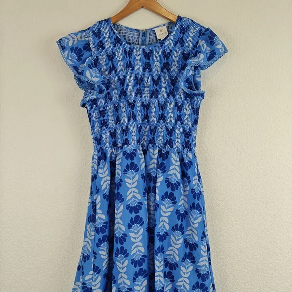 J. Marie Nwot The Luna Ruched Midi Floral Blue Dress Ruffle Sleeves Sz Medium - Picture 7 of 16